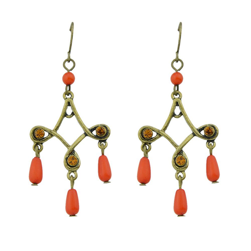 

Antique Gold-Color with Colorful Beads Geometric Dangle Earrings, Bright orange