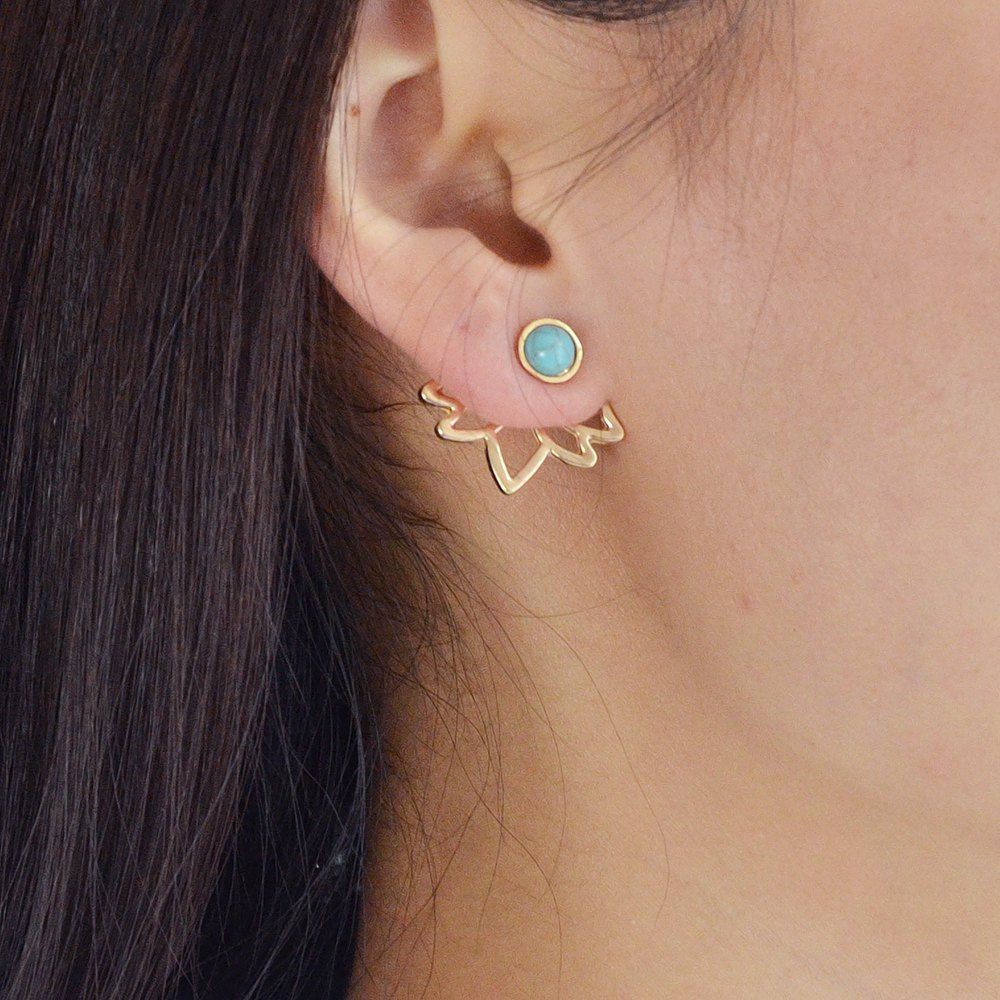 

Gold Silver with Blue Stone Flower Stud Earrings