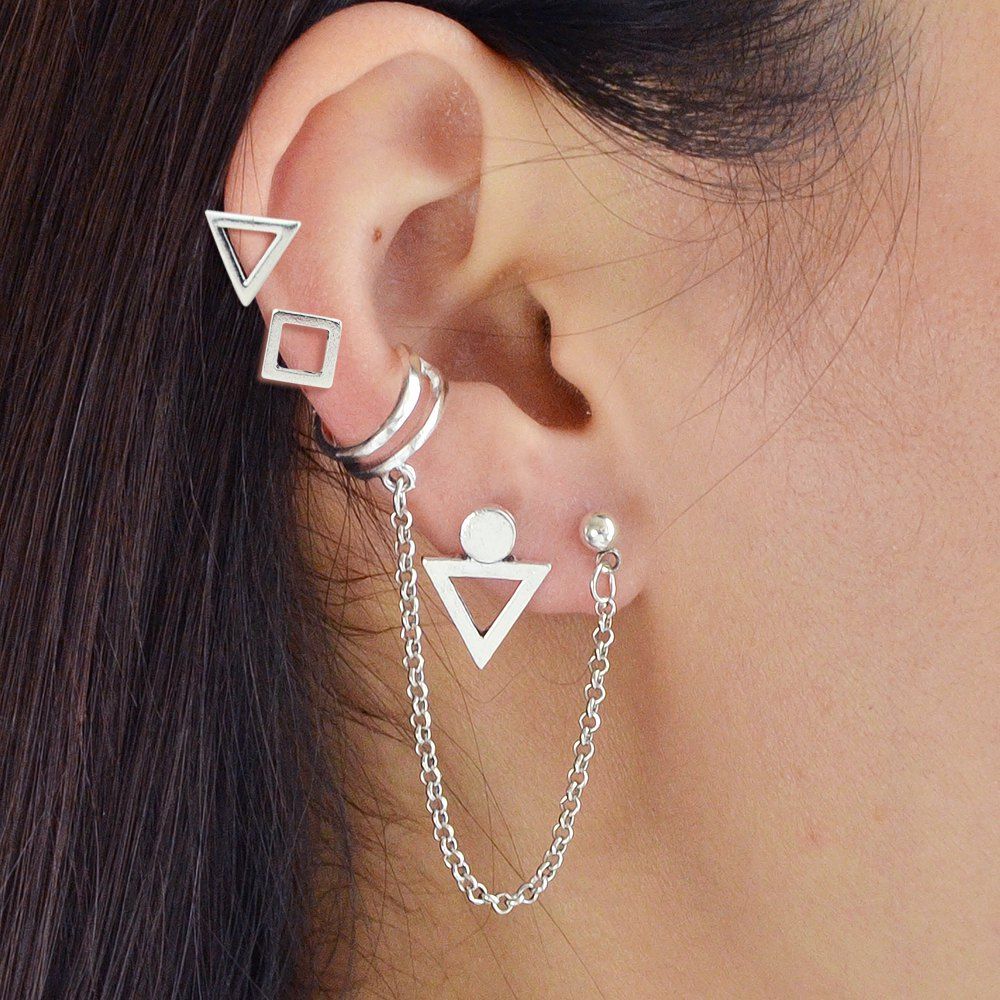 

Silver Color With Geometric Stud Earrings Ear Clip 4PCS/Set