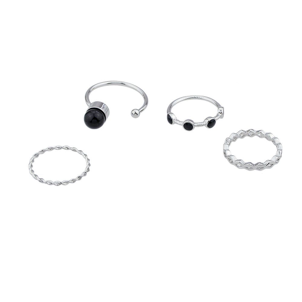 

Silver Color with Black Enamel Beads Round Ring 4PCS/Set