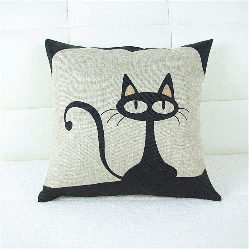 

Cartoon Cat Pattern Linen Pillow Case Decorative Pillowcase, Black