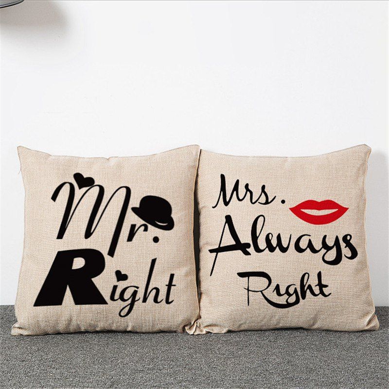 

2PCS Mr. Mrs Pattern Linen Pillow Case Decorative Pillowcase, Beige